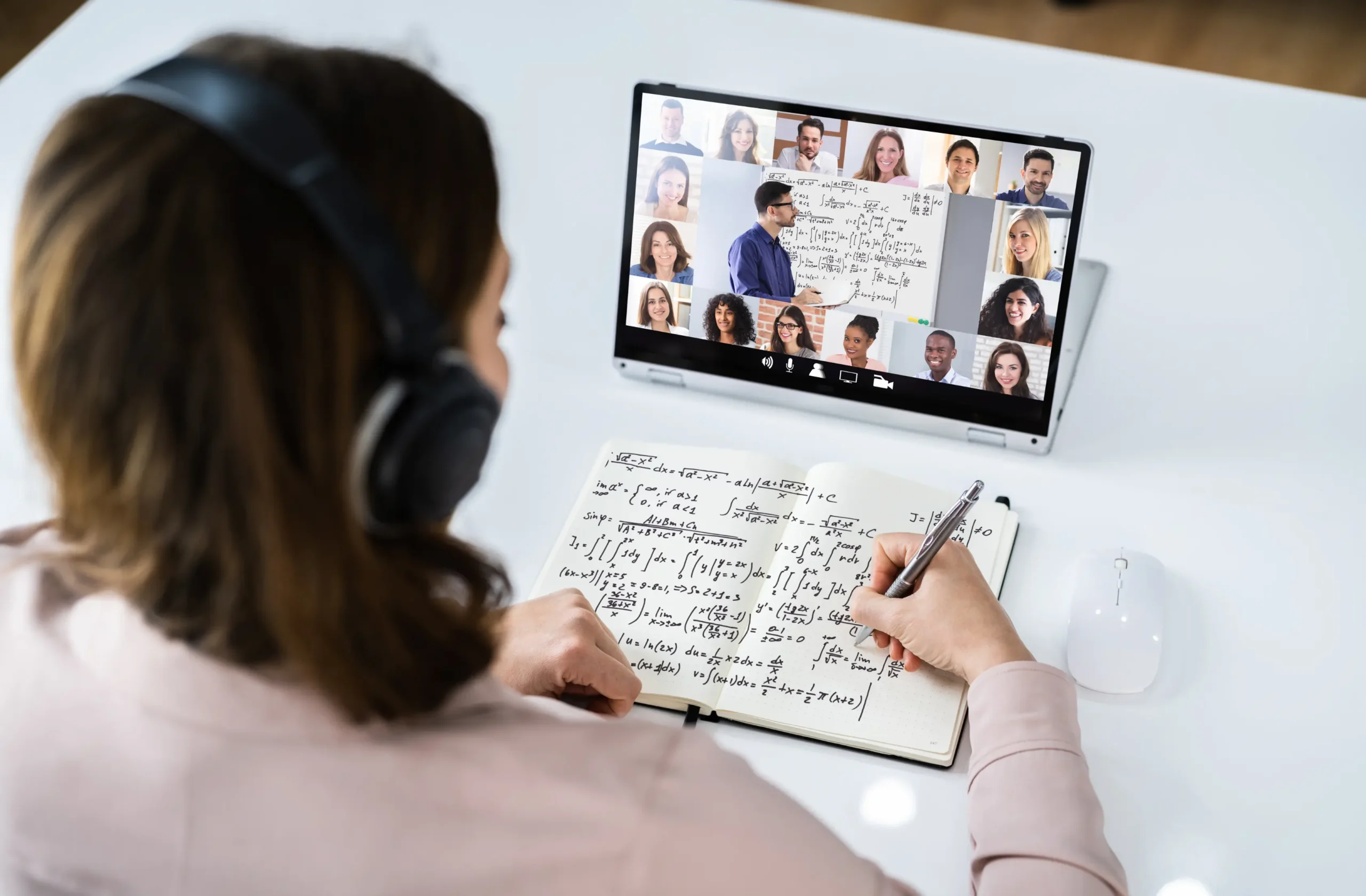 Inquadratura da sopra la spalla di una persona con cuffie che partecipa a una video-lezione di matematica avanzata su un laptop, prendendo appunti su un quaderno pieno di integrali e formule complesse.