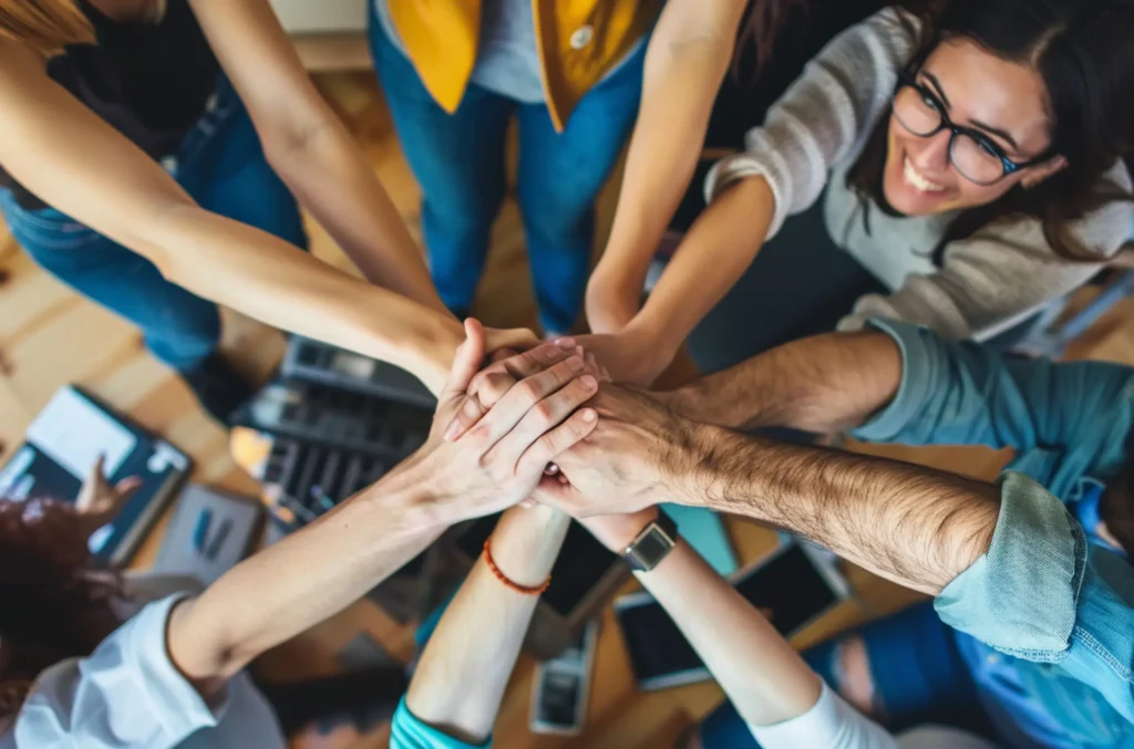 Foto dall'alto di un team di lavoro affiatato che unisce le mani al centro, simboleggiando il benessere dei dipendenti e lo spirito di squadra favorito dal welfare aziendale.