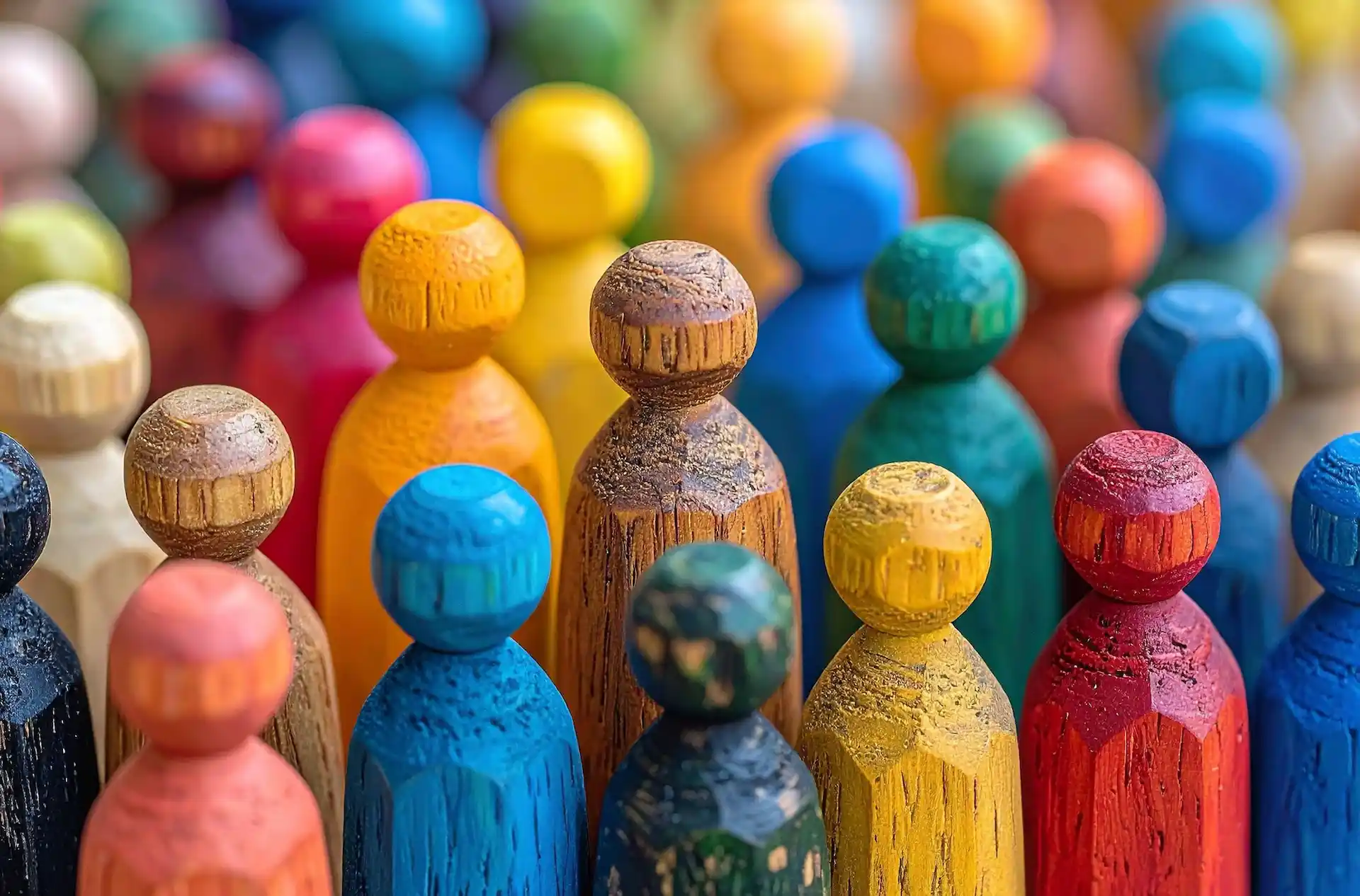 Una fitta composizione ravvicinata di pedine di legno dipinte in vari colori (giallo, blu, rosso, verde, legno naturale), simbolo di un team aziendale vario e inclusivo. Le pedine sono raggruppate, con le prime a fuoco e lo sfondo sfocato, rappresentando visivamente una policy D&I.