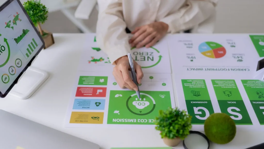 Manager al lavoro su documenti ESG e carbon footprint per un'analisi di doppia materialità