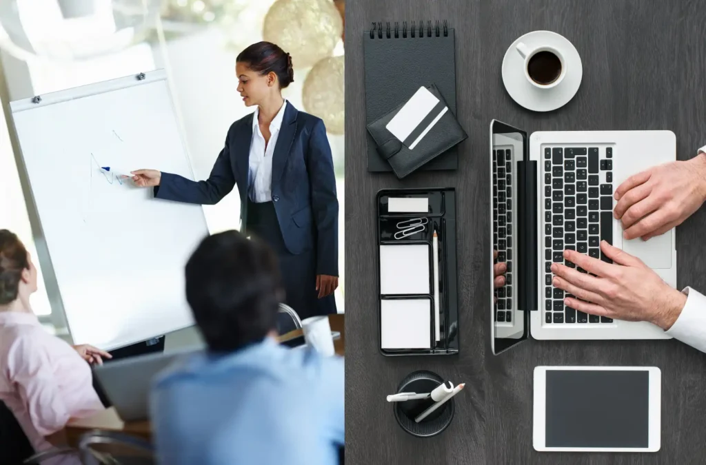 Formatrice alla lavagna in aula e persona che segue formazione ESG online al laptop