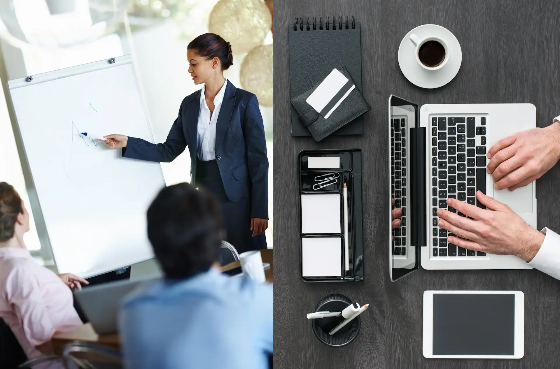 Formatrice alla lavagna in aula e persona che segue formazione ESG online al laptop