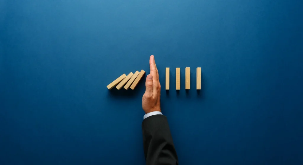 Mano di un manager in giacca che blocca una fila di tessere del domino in caduta, a rappresentare la gestione del rischio e la prevenzione degli impatti sull'azienda