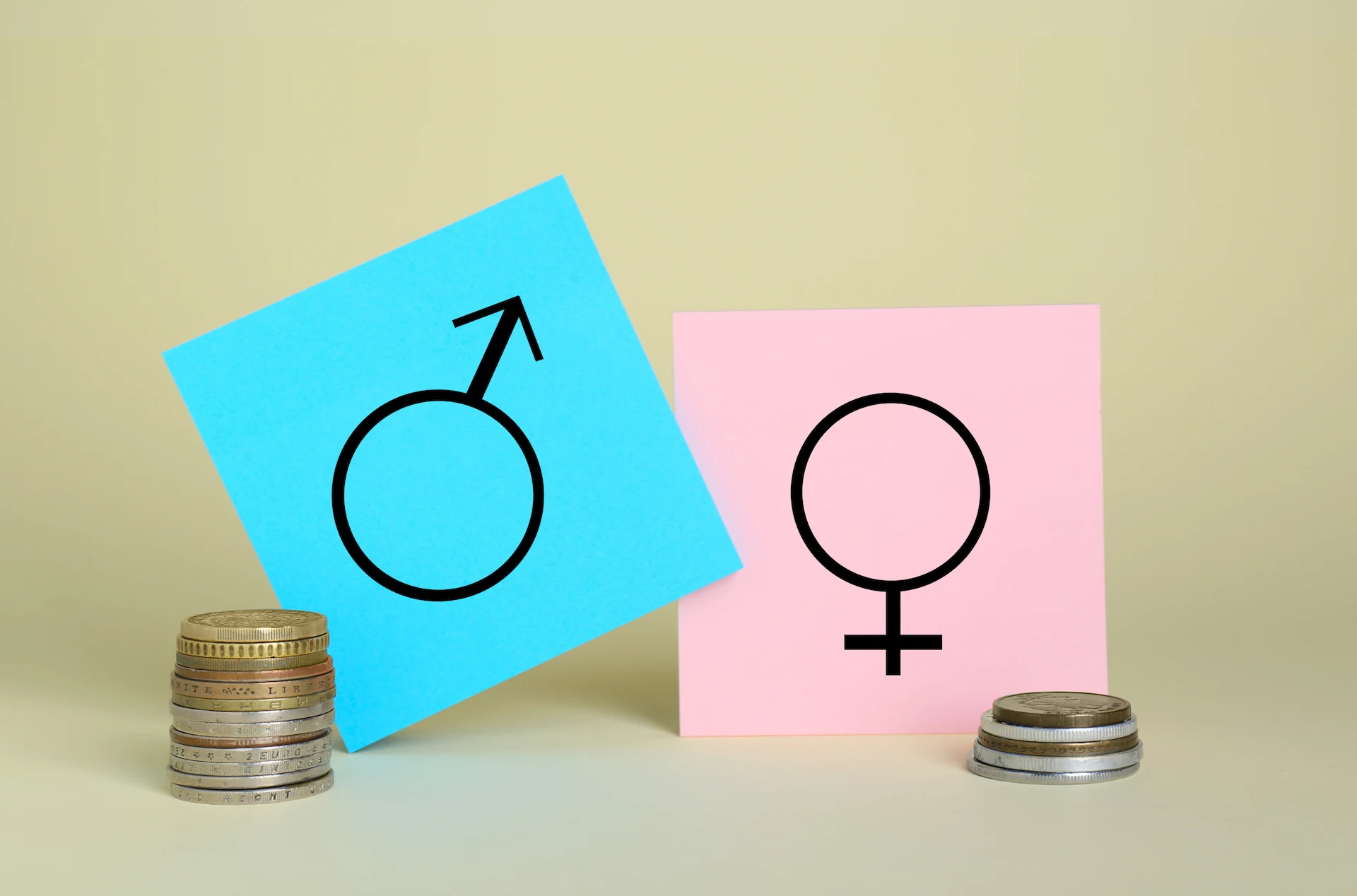 Simboli di genere maschile e femminile su post-it affiancati da due pile di monete di altezza diversa, a rappresentare il gender pay gap